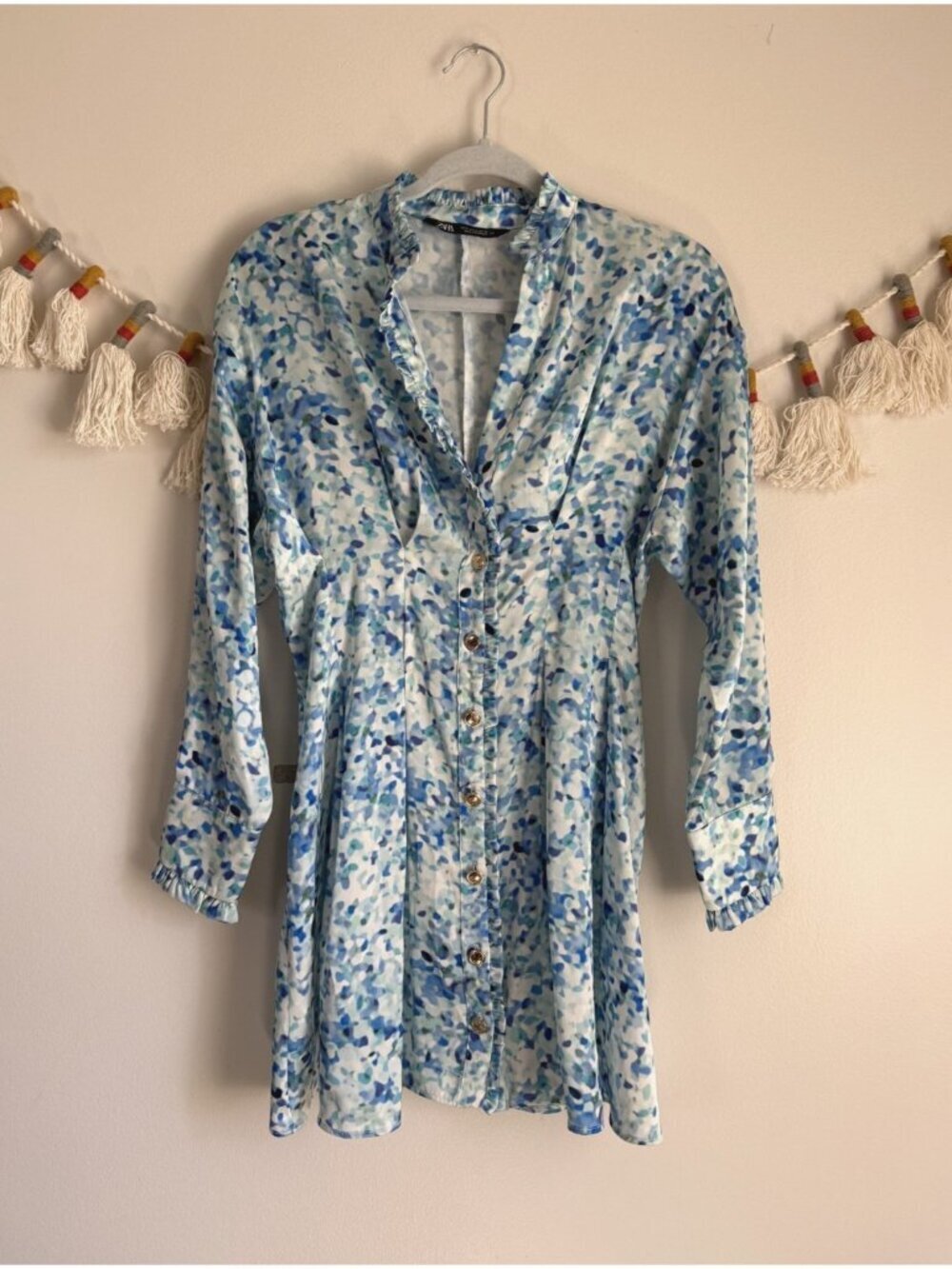 Zara Watercolor Blue Button Down Satin Long Sleeve Shirt Dress Mini Coquette S